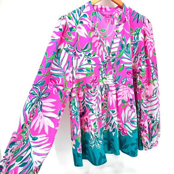 Lilly Pulitzer Blouse Womens Medium Winona Tunic V-Neck Peplum Waist Pink Blue - Picture 4 of 8